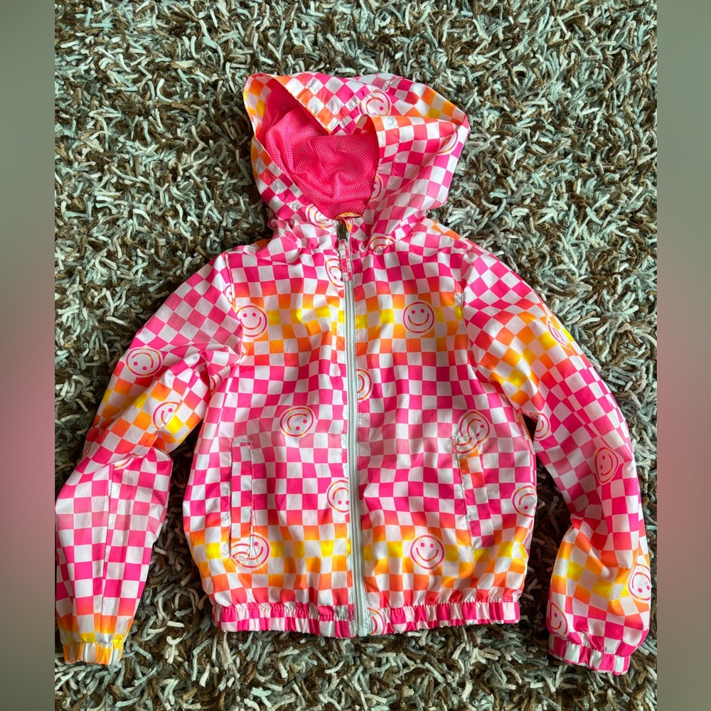 PINK PLATINUM Smiley Face Checkerboard Hooded Windbreaker Pink, Yellow, White 6X